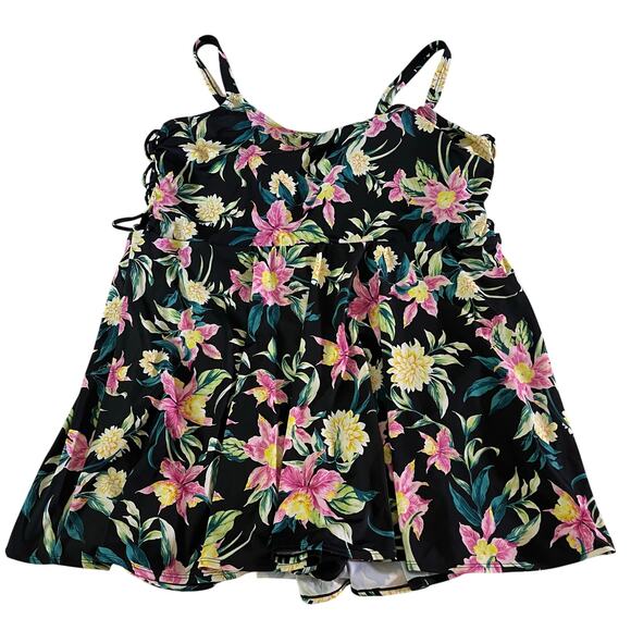 Torrid Black Floral Lace Up Detail Swim Dress Plus Size 4X Modest Full Coverage - Picture 1 of 9